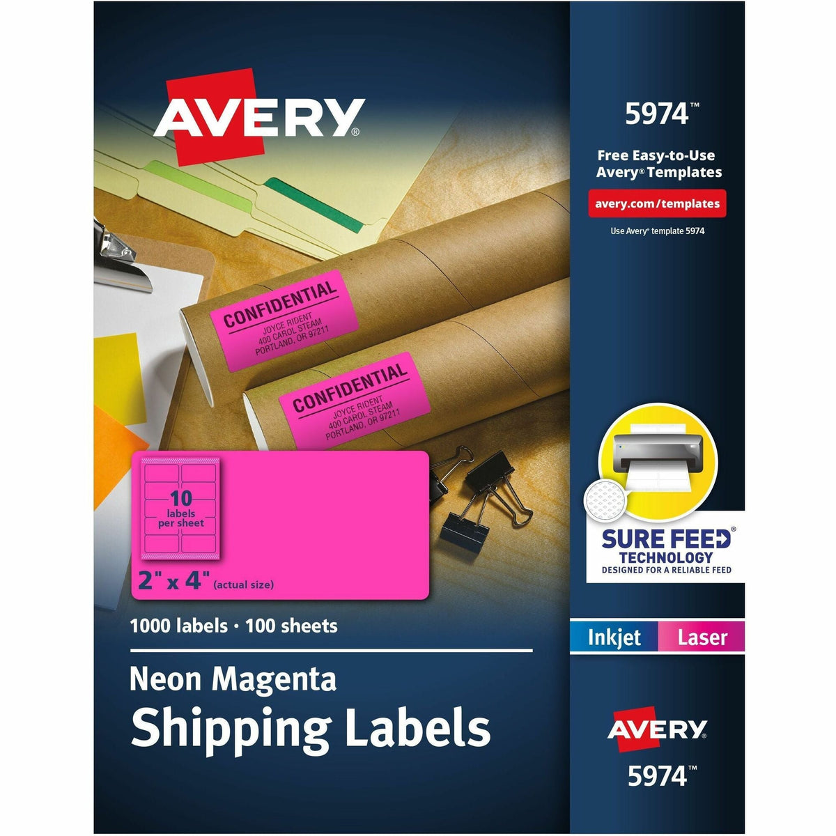 Avery® 2" x 4" Neon Shipping Labels with Sure Feed, 1,000 Labels (5974) - 2000