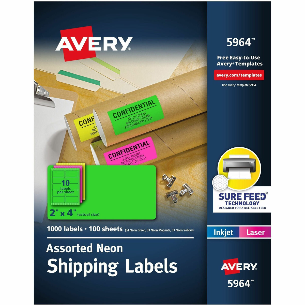 Avery® 2"x 4" Neon Shipping Labels with Sure Feed, 1,000 Labels (5964) - 2000