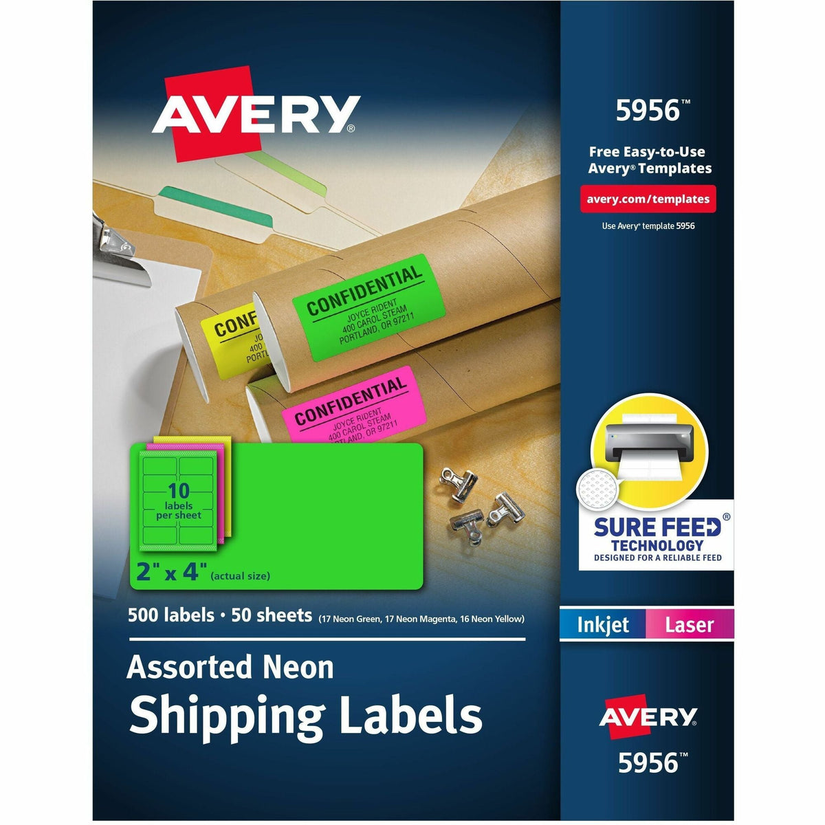 Avery® 2"x 4" Neon Shipping Labels with Sure Feed, 500 Labels (5956) - 2000