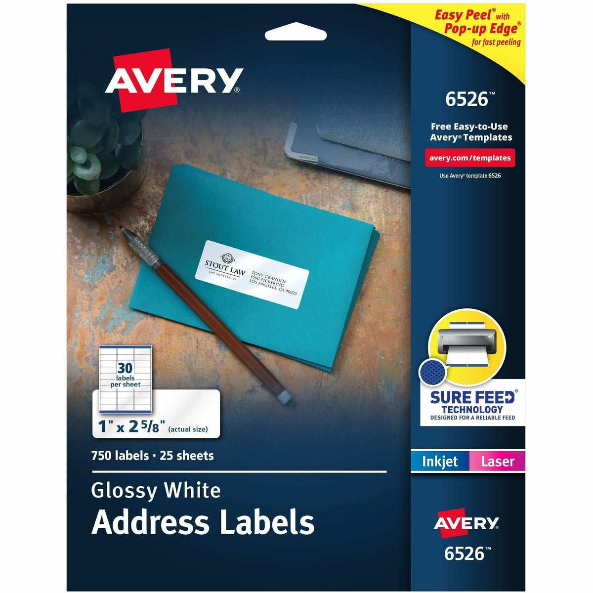 Avery® Address Labels, Glossy White, 1" x 2-5/8" , 750 Total (6526) - 2000