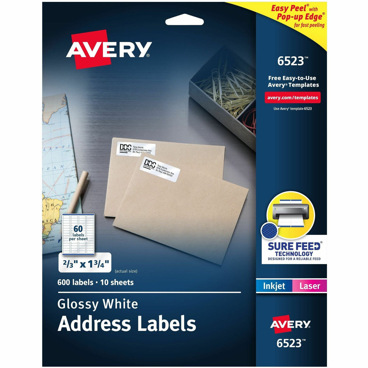 Avery® Address Labels, Glossy White, 2/3" x 1-3/4" , 600 Total (6523) - 2000