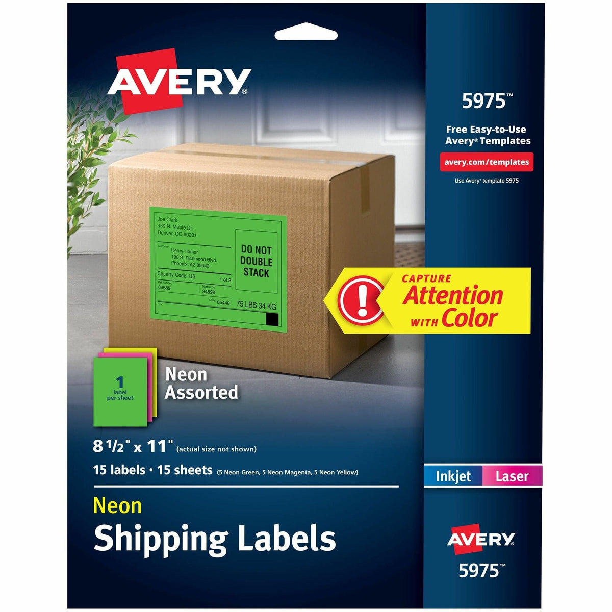 Avery® Assorted Neon Shipping Labels, 8-1/2" x 11" , 15 Labels (5975) - 2000
