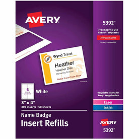 Avery® Badge Insert Refills - 3x4’’ - White Card Stock - 300 Labels - ID Badges & Supplies