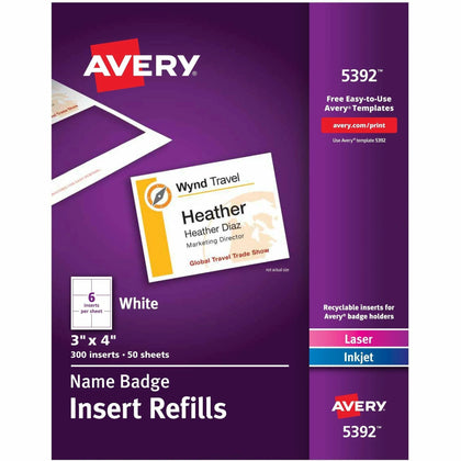 Avery® Badge Insert Refills - 3x4’’ - White Card Stock - 300 Labels - ID Badges & Supplies