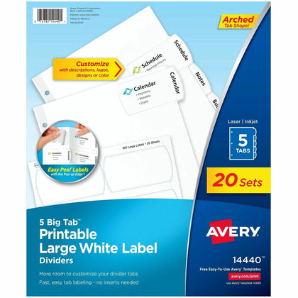Avery® Big Tab Divider Set: 20 Dividers 100 Tabs 5-Tab Set 8.5’’ x 11’’ Hole-Punched Printable - 20-Pack - Index