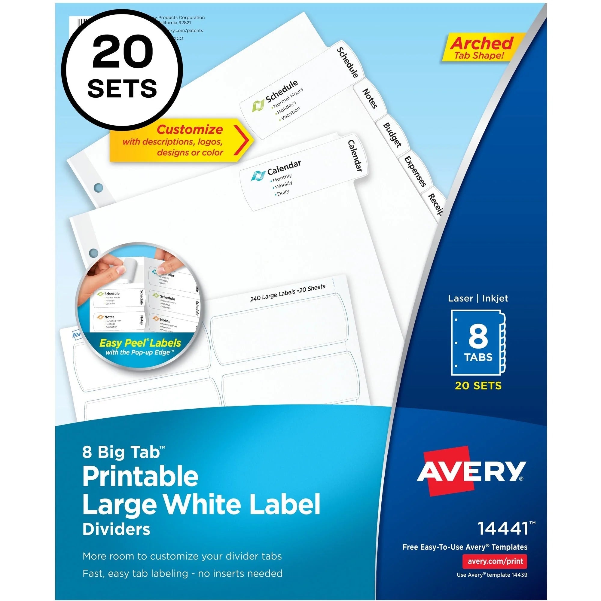 Avery® Big Tab Printable Large White Dividers: Easy Peel 8 Tabs - 20% Recycled - Index Divider