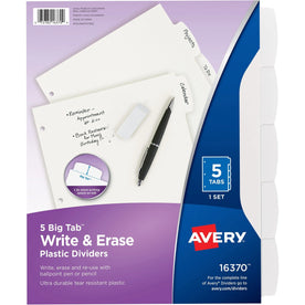 Avery® Big Tab Write & Erase Dividers: 5-Tab Set White Plastic 8.5’’ x 11’’ - Index Divider