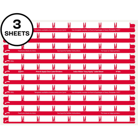 Avery® 8 Tab Easy Print & Apply Clear Label Sheet Refills (11226) - Inkjet Laser - Plastic - 3 Total Sheets - Index
