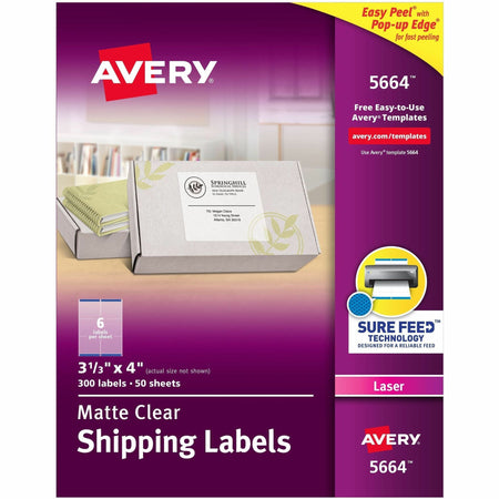 Avery® Avery® Clear Shipping Labels, Sure Feed, 3-1/3" x 4" 300 Labels (15664) - 2000