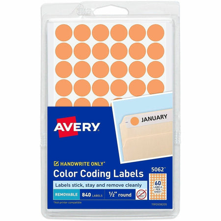 Avery® Color-Coding Labels - 1/2’’ Diameter - Removable Adhesive - Round - Orange - Paper - Self-adhesive - 60 / Sheet