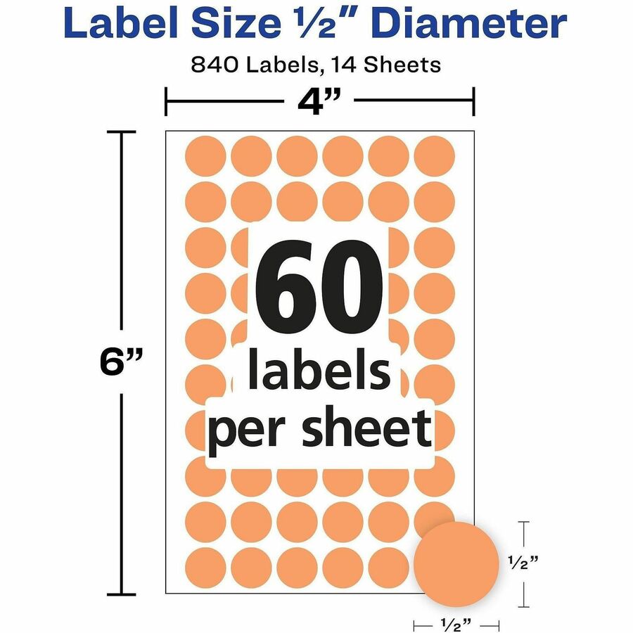 Avery® Color-Coding Labels - 1/2’’ Diameter - Removable Adhesive - Round - Orange - Paper - Self-adhesive - 60 / Sheet