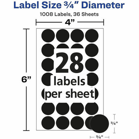 Avery® Color-Coding Labels - 3/4’’ Diameter - Removable Adhesive - Round - Laser Inkjet - Black - Paper - Self-adhesive