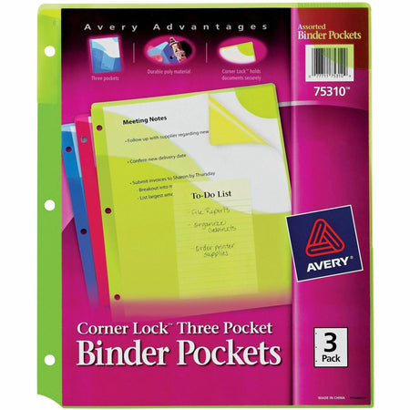 Avery® Corner Lock Binder Pockets: Assorted 3ct (75310) - 20 Page Capacity - Pockets