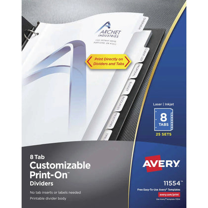 Avery® Custom Print-On Dividers: 200 Dividers 8-Tab Set 8.5x11’’ 3-Hole Punched - Index Divider