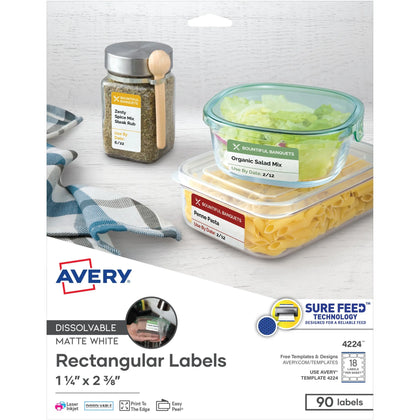 Avery® Dissolvable Rectangle Labels: 1.25’’ x 2.38’’ - White Paper - 90 Labels/Pack - Multipurpose & ID Labels