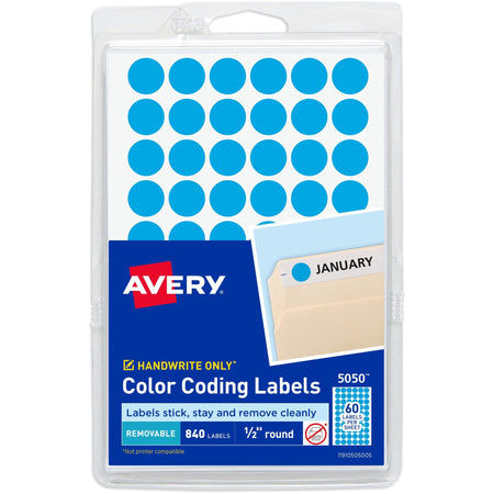 Avery® Dot Stickers 1/2’’ Diameter Light Blue 840 Total (5050) - Removable Adhesive - Round - Matte - Color-Coding