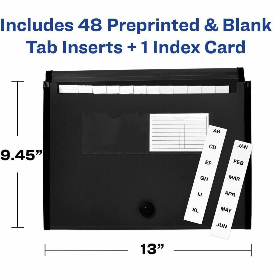 Avery® Letter A4 Expanding File - 425 Sheets Capacity - 13 Pocket(s) - Polypropylene Plastic Fabric - Black - Files