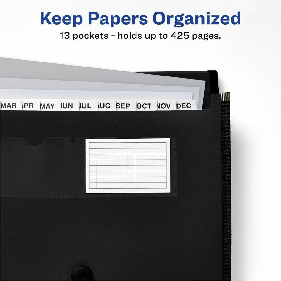 Avery® Letter A4 Expanding File - 425 Sheets Capacity - 13 Pocket(s) - Polypropylene Plastic Fabric - Black - Files