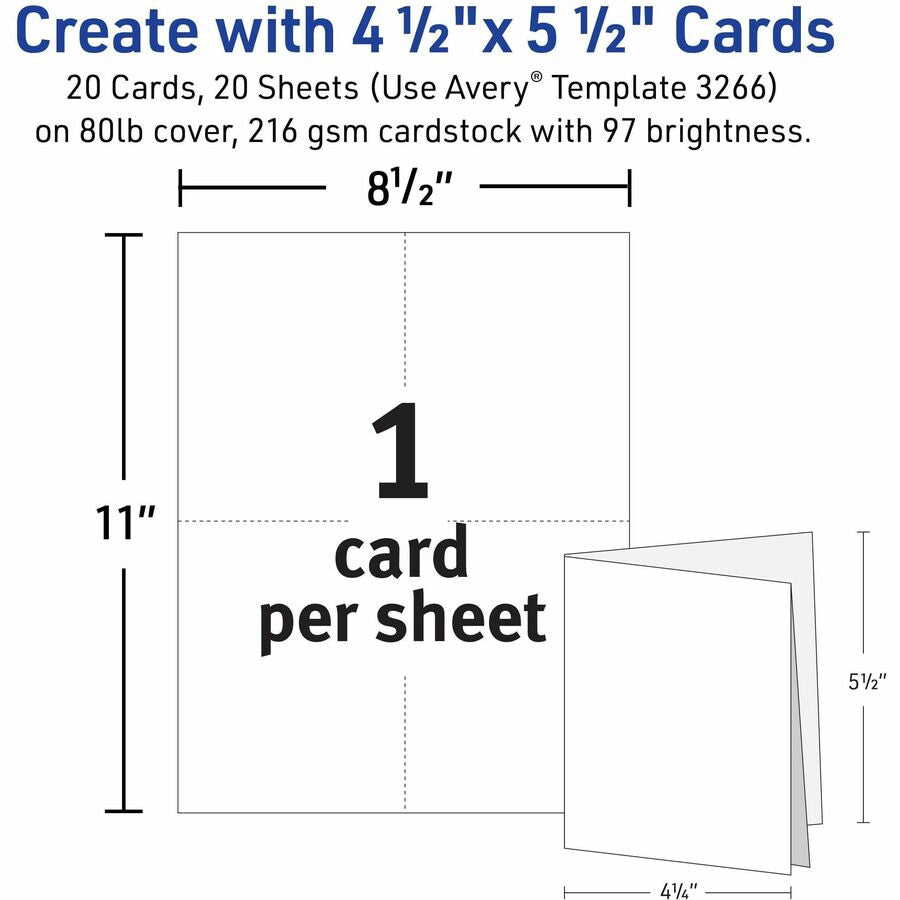 Avery® Greeting Cards - 97 Brightness - 4 1/4’’ x 5 1/2’’ - Matte - Heavyweight - White - 20 / Pack