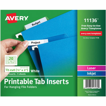 Avery® Hanging File Folder Tab Inserts - 100 Print-on Tabs - White Paper - 5 Set - Folders & Accessories