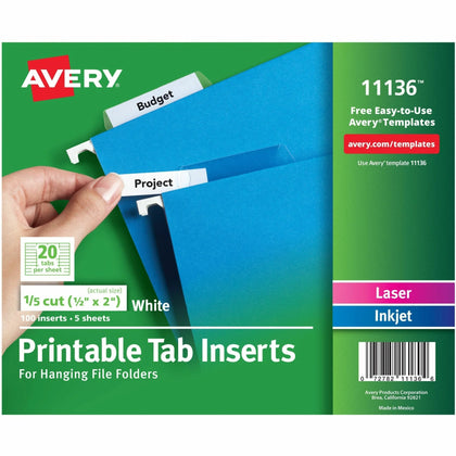 Avery® Hanging File Folder Tab Inserts - 100 Print-on Tabs - White Paper - 5 Set - Folders & Accessories