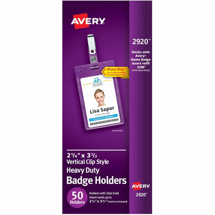 Avery® Heavy-Duty Badge Holders with Clips - Durable PVC Clear 2.25’’ x 3.50’’ - 50/Box - ID Badges & Supplies