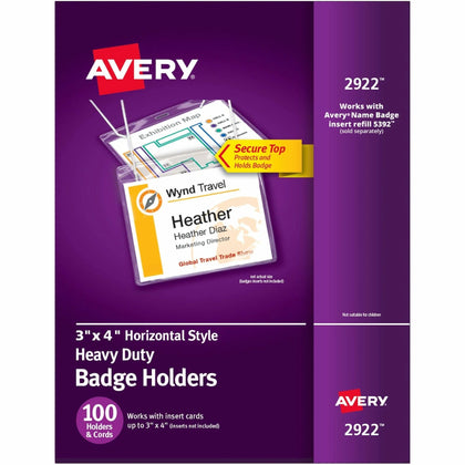 Avery® Heavy-Duty Hanging Badge Holders - Clear PVC - 3’’ x 4’’ - 100/Box - ID Badges & Supplies