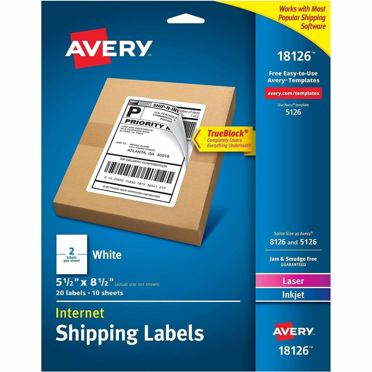Avery® Internet Shipping Labels, 5-1/2" x 8-1/2" , 20 Labels (18126) - 2000