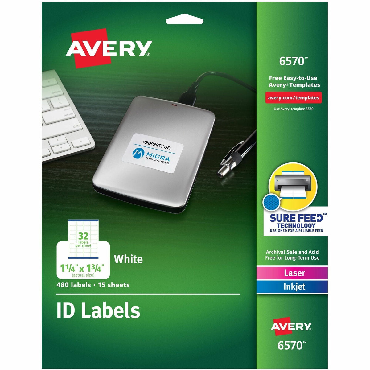 Avery® Laser Inkjet Printer Permanent ID Labels - 1 1/4’’ Width x 3/4’’ Length - Adhesive - Rectangle - Multipurpose &