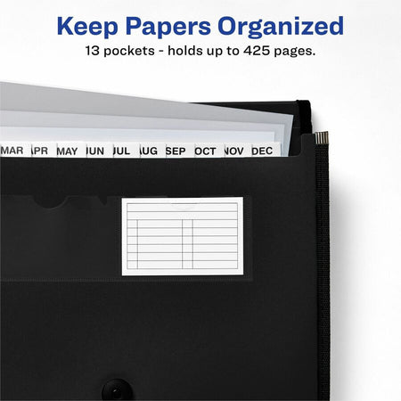 Avery® Letter A4 Expanding File - 425 Sheets Capacity - 13 Pocket(s) - Polypropylene Plastic Fabric - Black - Files