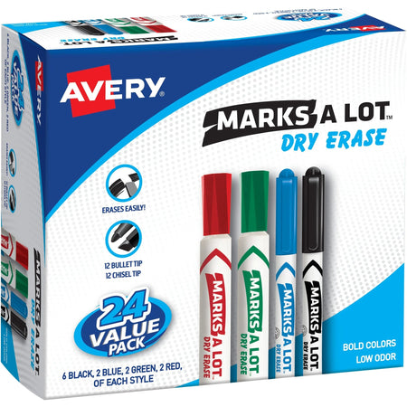Avery® Marks A Lot Dry Erase Markers - Chisel Point - Assorted Colors - 24/Box - & Dry-Erase