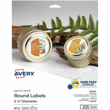 Avery&reg; Printable Round Labels, 2.5" , Matte White, 225 Labels (22562) - 2000