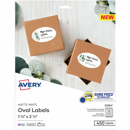 Avery® Matte White Sure Feed Oval Labels - 1.5’’ x 2.5’’ - 450 - 25 Sheets - Multipurpose & ID