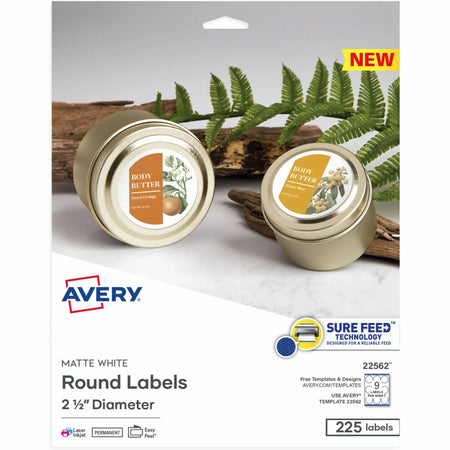 Avery® Matte White Waterproof Labels - 2 1/2’’ Round - Inkjet/Laser - 225 - Multipurpose & ID