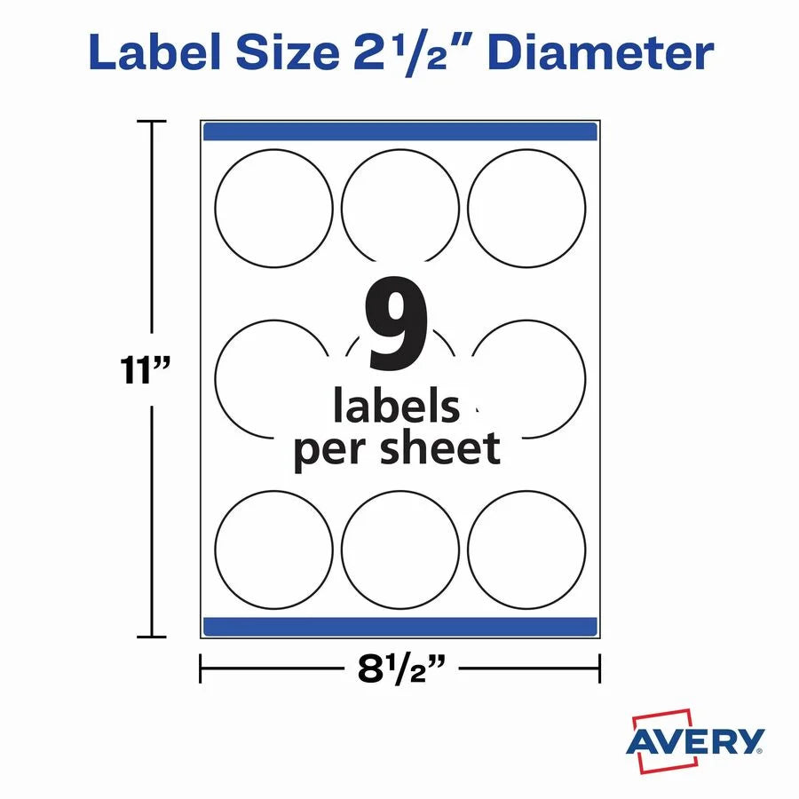 Avery® Matte White Waterproof Labels - 2 1/2’’ Round - Inkjet/Laser - 225 - Multipurpose & ID