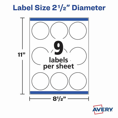 Avery® Matte White Waterproof Labels - 2 1/2’’ Round - Inkjet/Laser - 225 - Multipurpose & ID