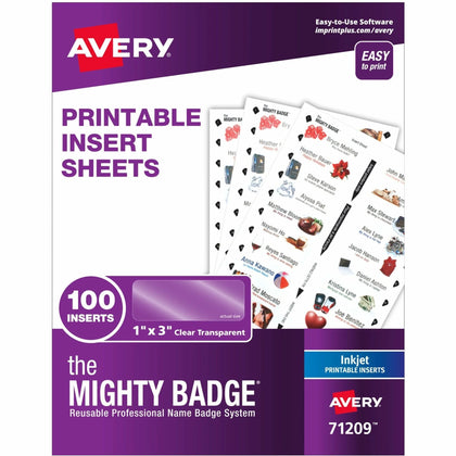 Avery® Mighty Badge Printable Insert Sheets - Clear Inkjet Reusable - 100 Pack - ID Badges & Supplies