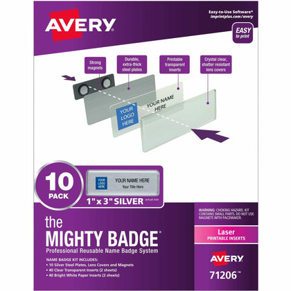Avery® Mighty Badge: Professional Reusable Name Badge System - Silver - ID Badges & Supplies