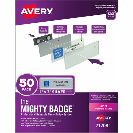 Avery® Mighty Badge® Name Badge Kits - Silver Plastic - 50/Kit - ID Badges & Supplies