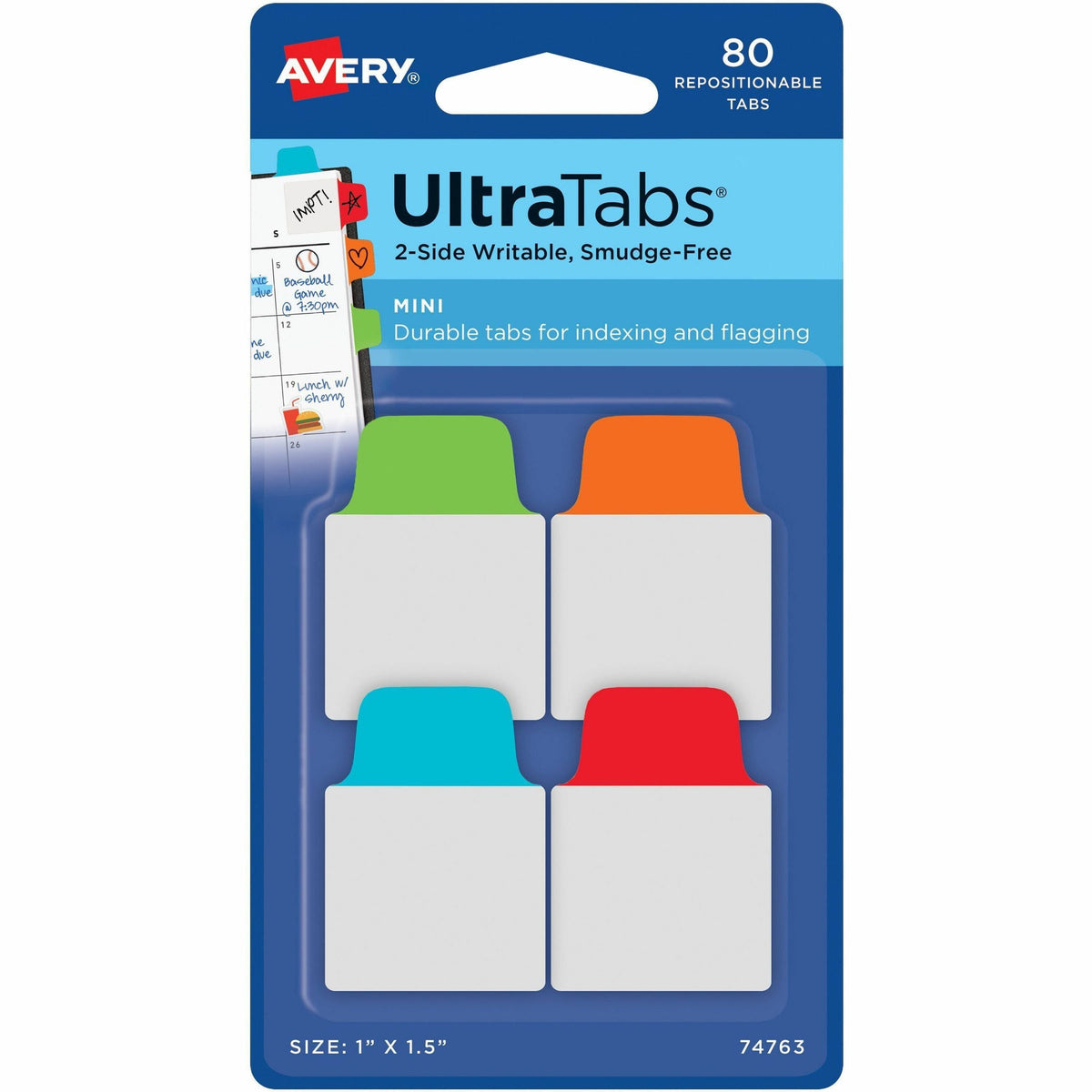 Avery® Mini Ultra Tabs - 80 Tab(s) - 1.50’’ Tab Height x 1’’ Width - Red Film Clear Paper Blue Orange Green - Index