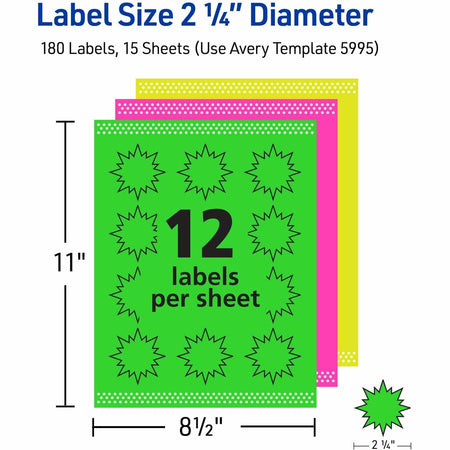 Avery® Neon Burst Labels - 2 1/4’’ Diameter - Permanent Adhesive - Laser - Magenta Green Yellow - Address / Shipping