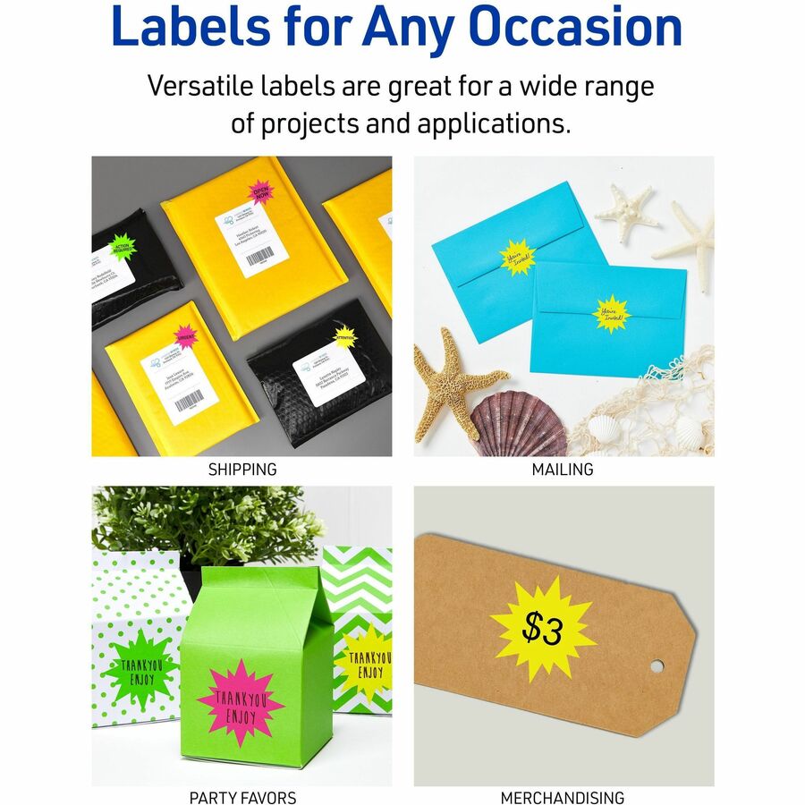 Avery® Neon Burst Labels - 2 1/4’’ Diameter - Permanent Adhesive - Laser - Magenta Green Yellow - Address / Shipping