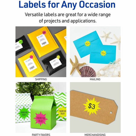 Avery® Neon Burst Labels - 2 1/4’’ Diameter - Permanent Adhesive - Laser - Magenta Green Yellow - Address / Shipping