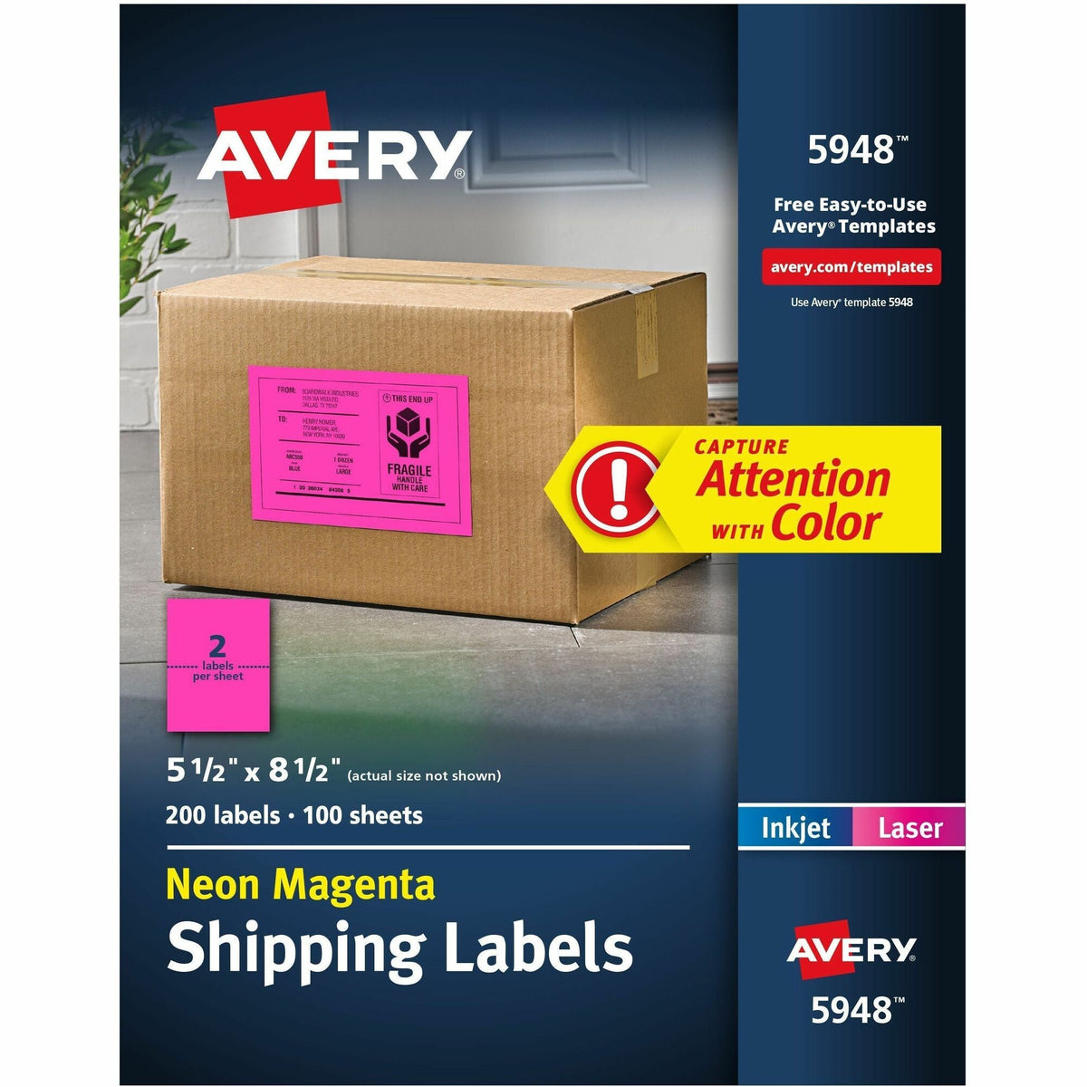 Avery® Neon Shipping Labels, 5-1/2" x 8-1/2" , 200 Labels (5948) - 2000