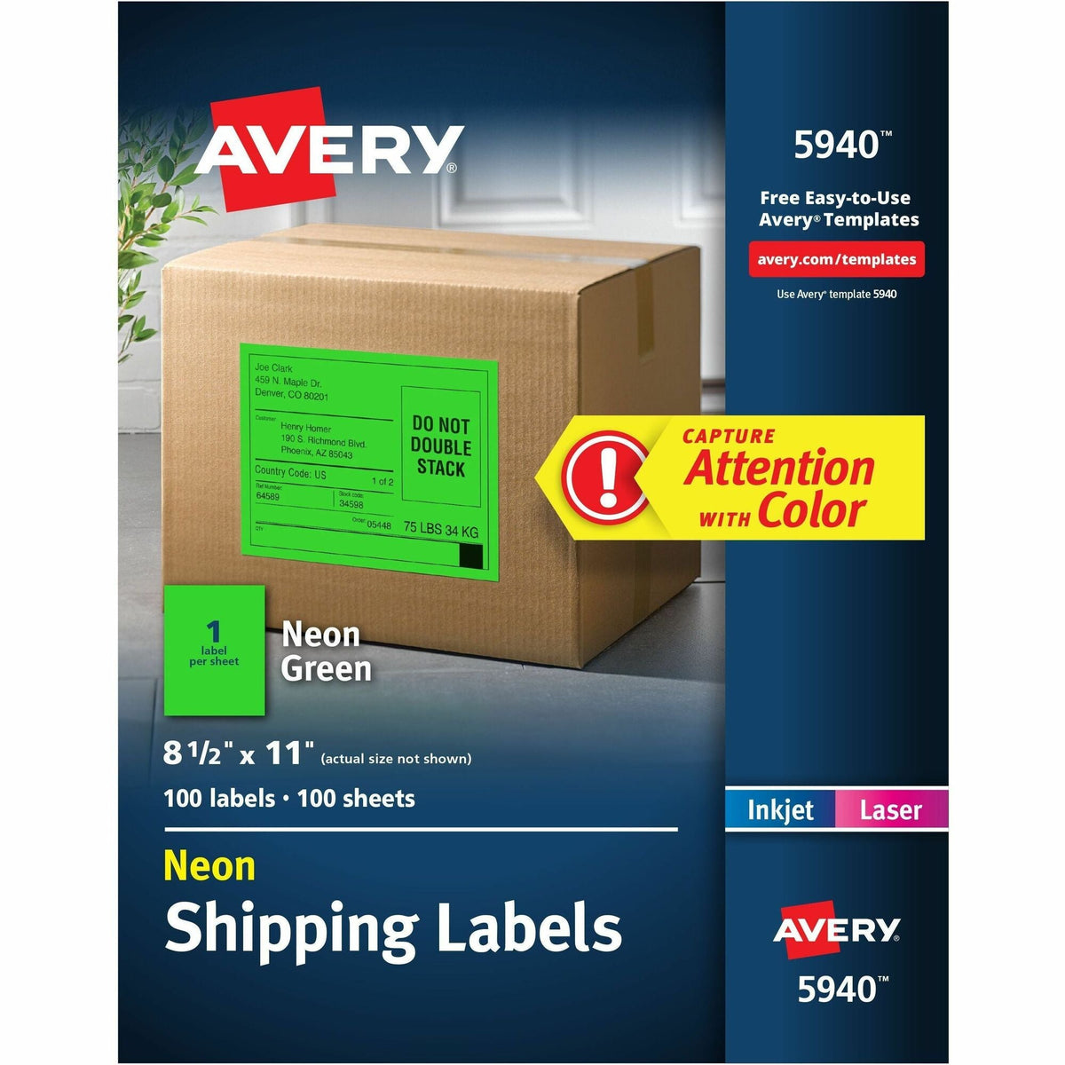 Avery® Neon Shipping Labels, 8-1/2" x 11" , 100 Labels (5940) - 2000