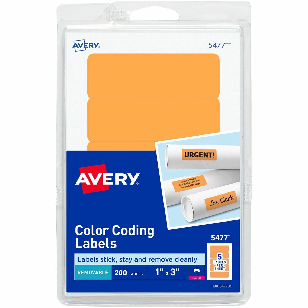Avery® Rectangular Color-Coding Labels - 1’’ Width x 3’’ Length - Removable Adhesive - Rectangle - Laser - Orange - 200