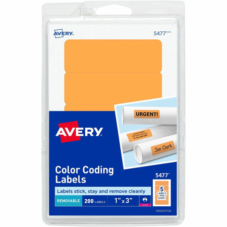 Avery® Rectangular Color-Coding Labels - 1’’ Width x 3’’ Length - Removable Adhesive - Rectangle - Laser - Orange - 200