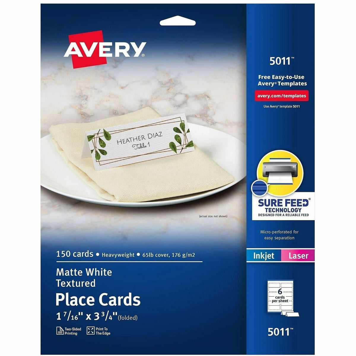 Avery® Place Cards with Sure Feed - 1 7/16’’ x 3 3/4’’ - Matte - Double-sided Foldable Heavyweight Textured Perforated