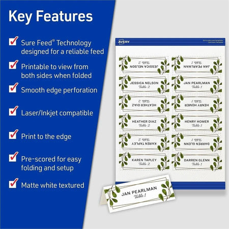 Avery® Place Cards with Sure Feed - 1 7/16’’ x 3 3/4’’ - Matte - Double-sided Foldable Heavyweight Textured Perforated