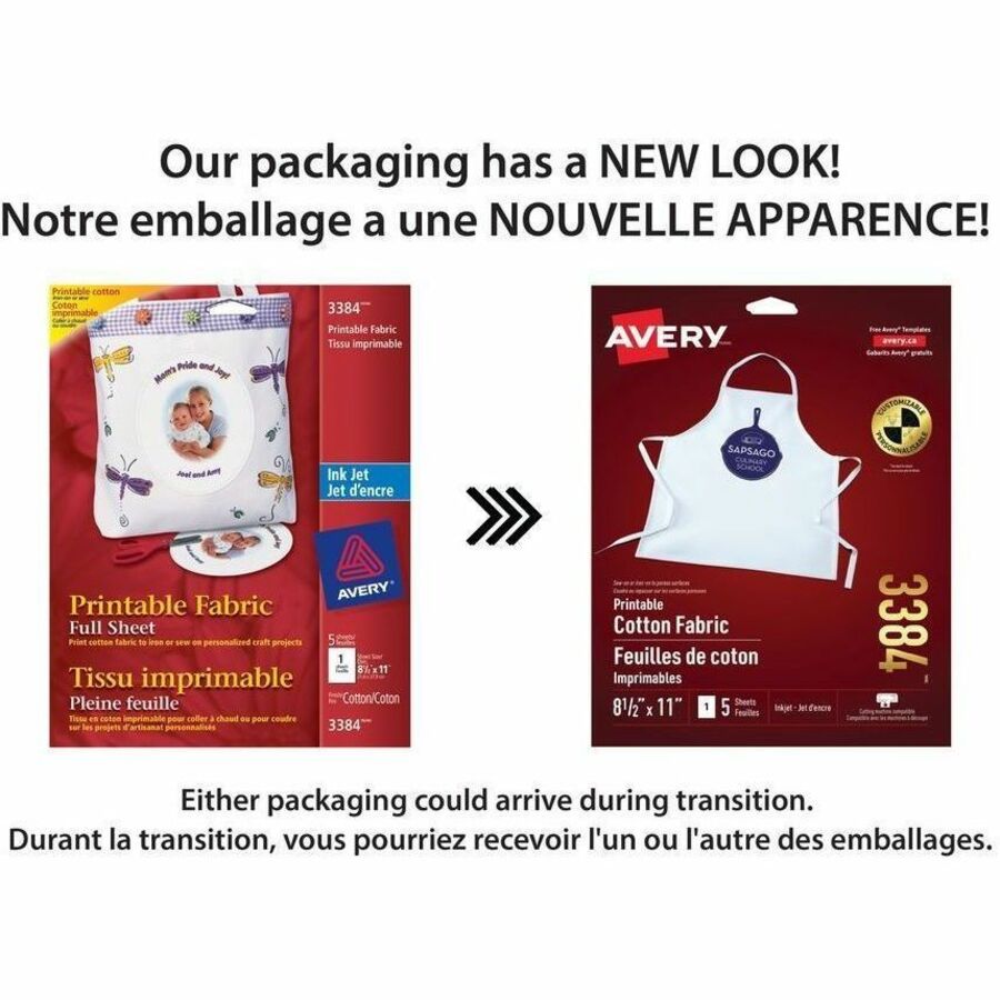 Avery® Printable Fabric Sheets - Letter - 8 1/2’’ x 11’’ - Matte - Heat-seal Backing - White - 5/Pack - 6 / Carton